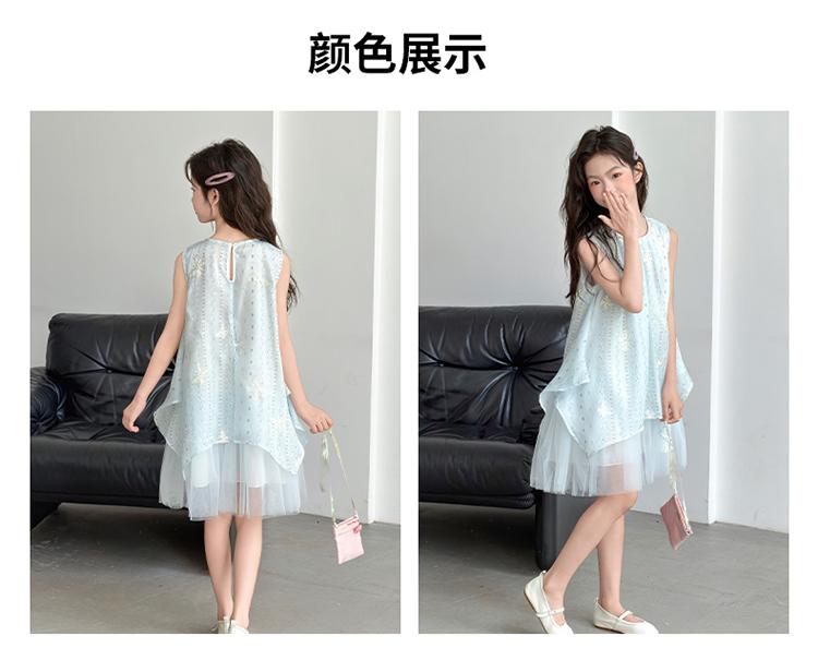 Girls' summer chiffon children's summer sleeveless vest dress, blue embroidered bow mesh princess dress