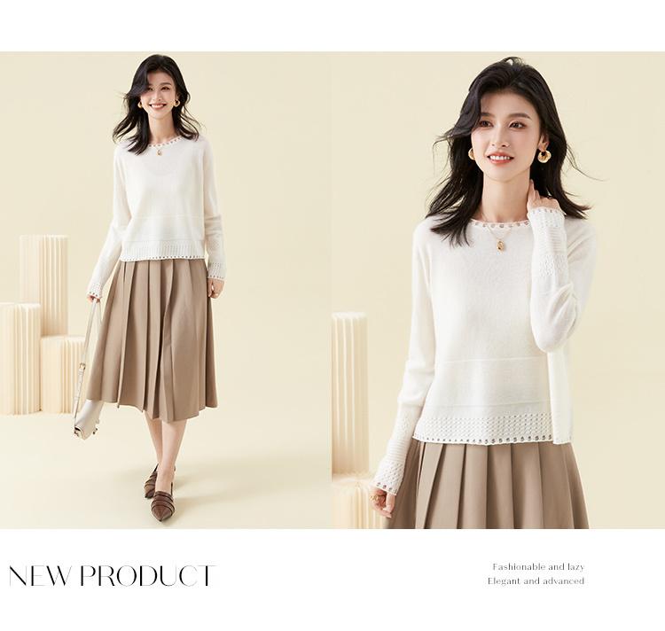 100% Cashmere Round Neck Knitted Sweater for Women