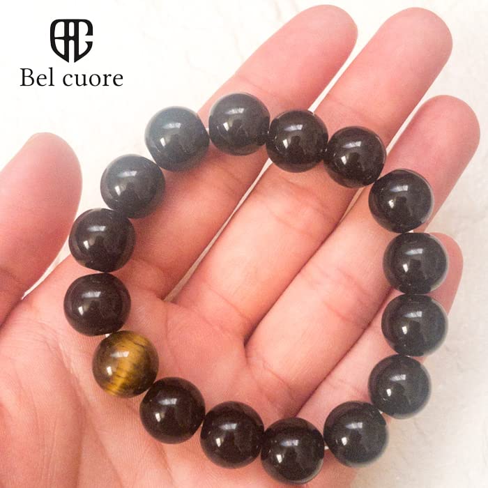 [Bel cuore] Bracelet with Onyx and Tiger Eye Beads, Simple, Stylish, Popular Power Stones (10mm)