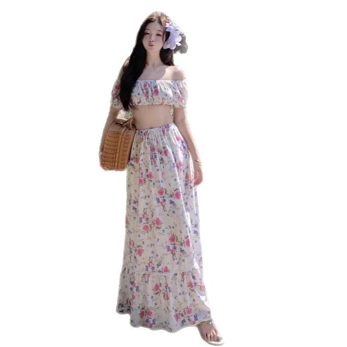 French one-word collar floral tube top spring and summer seaside vacation style skirt suit women