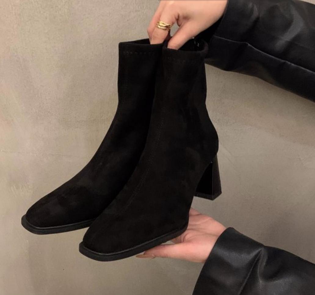 

Fashion Vintage Women Ankle Boots 2025 Fashion Square Toe Thick High Shoes Autumn Winter New Ladies Elegant Stretch Slim Short Booties 35 чёрный