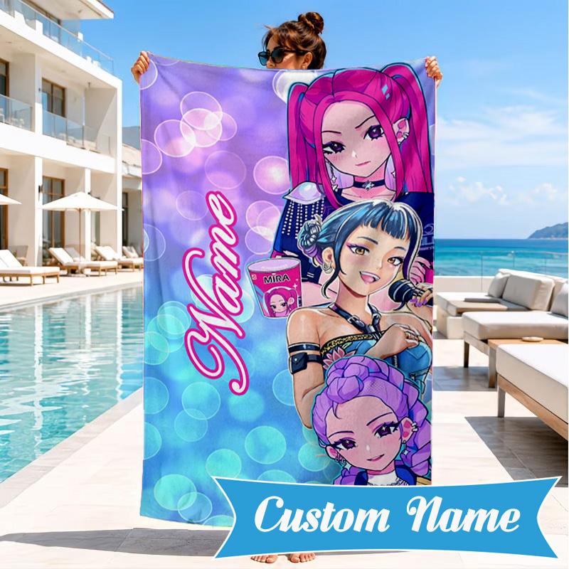 Custom Name KPop Demon Beach Towel Microfiber Beach Towel, Lightweight and Quick-Dry, for Summer Travel, Swimming Pool Gift