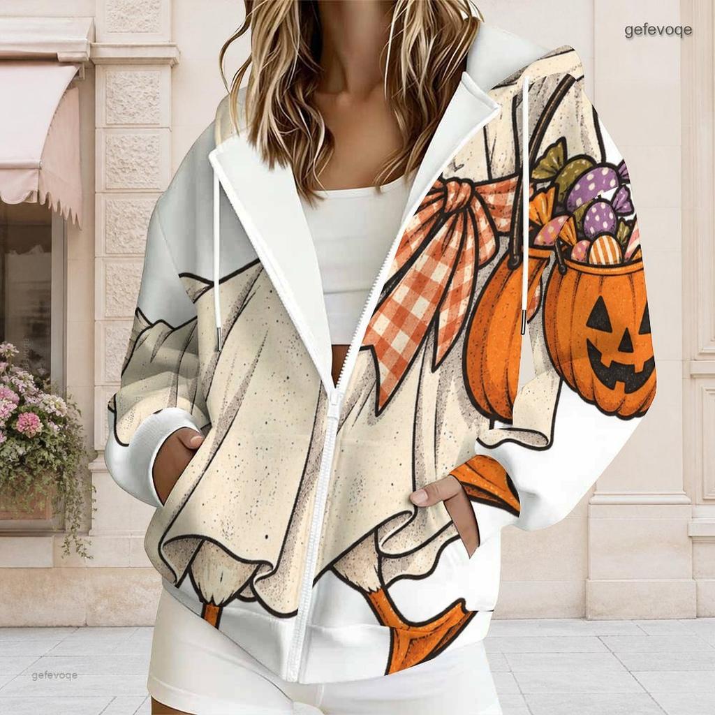 Women Plus Size Zip Up Long Sleeve Hoodie Drawstring Hood Pockets Halloween Cartoon Print Sweatshirt