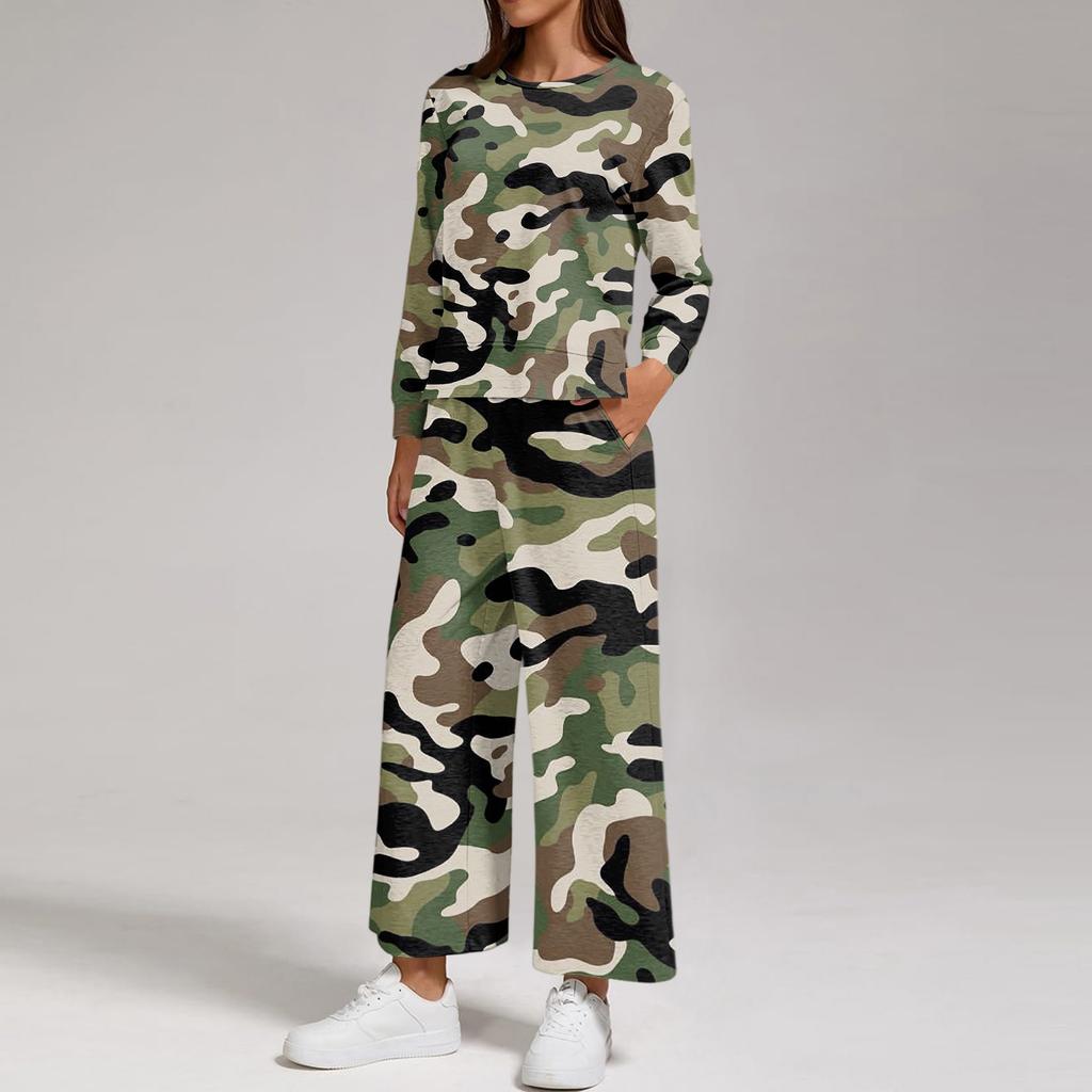 Damen Casual Bedrucktes Sweatshirt und Hose Set - Rundhals Lockerer Schnitt Zweiteiliges Outfit