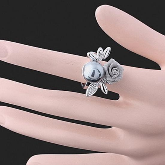 Women's Fashion Rose Faux Pearl Clear Crystal 9K Gold Plated Ring Party Jewelry