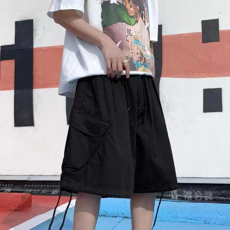 Khaki 7-point Men Summer Thin Japanese Workwear Wide-leg Loose Over-knee Shorts