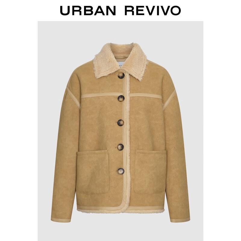 

Женское пальто UR 2025 с воротником из искусственного меха цвета янтаря M