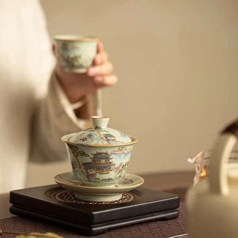 Ceramic Sancai Gaiwan Chinese Tea Tureen Pottery Handmade Color Enamel Kungfu Teacups Master Cup Classical Teaware Set