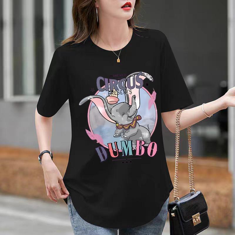 Ny Sommarvit Mellångd Böjd Kortärmad T-shirt för Dam Nisch Tecknad Tryckt Lös Topp