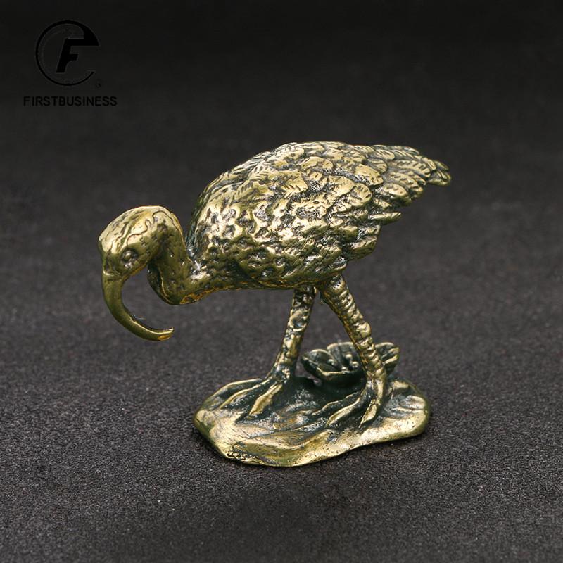 Retro Brass Long-billed Crane Statue Desktop Small Ornaments Bird Animal Miniature Figurines Home Decorations Crafts Collections
