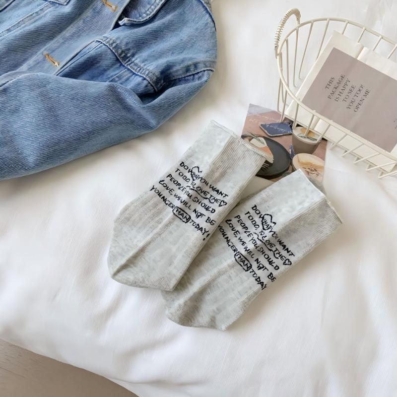 Women's Spring and Summer Thin New Solid Color Heel Letter Breathable Tube Cotton Socks