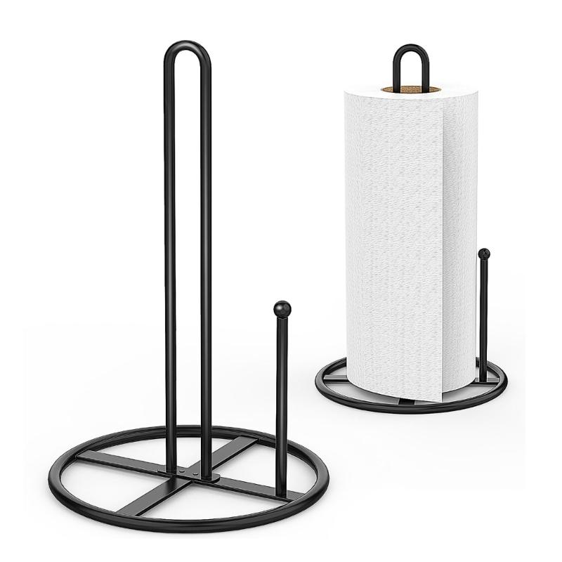 Countertop Paper Towel Holder, Black Metal Standing Roll Stand with Center Post for Kitchen Counter and Bathroom Access