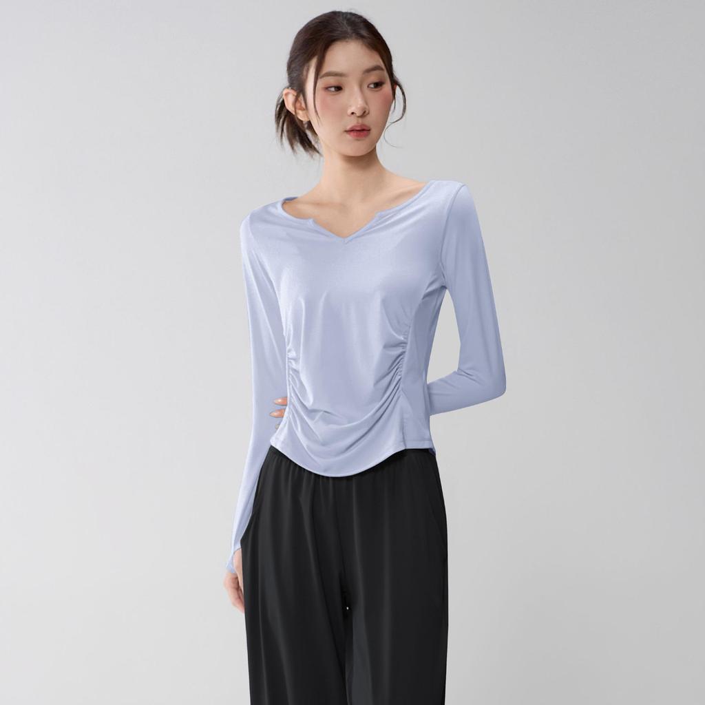 Women's V-Neck Yoga Suit: Loose, Quick-Dry, Long Sleeve for Casual Sports and Pilates Training