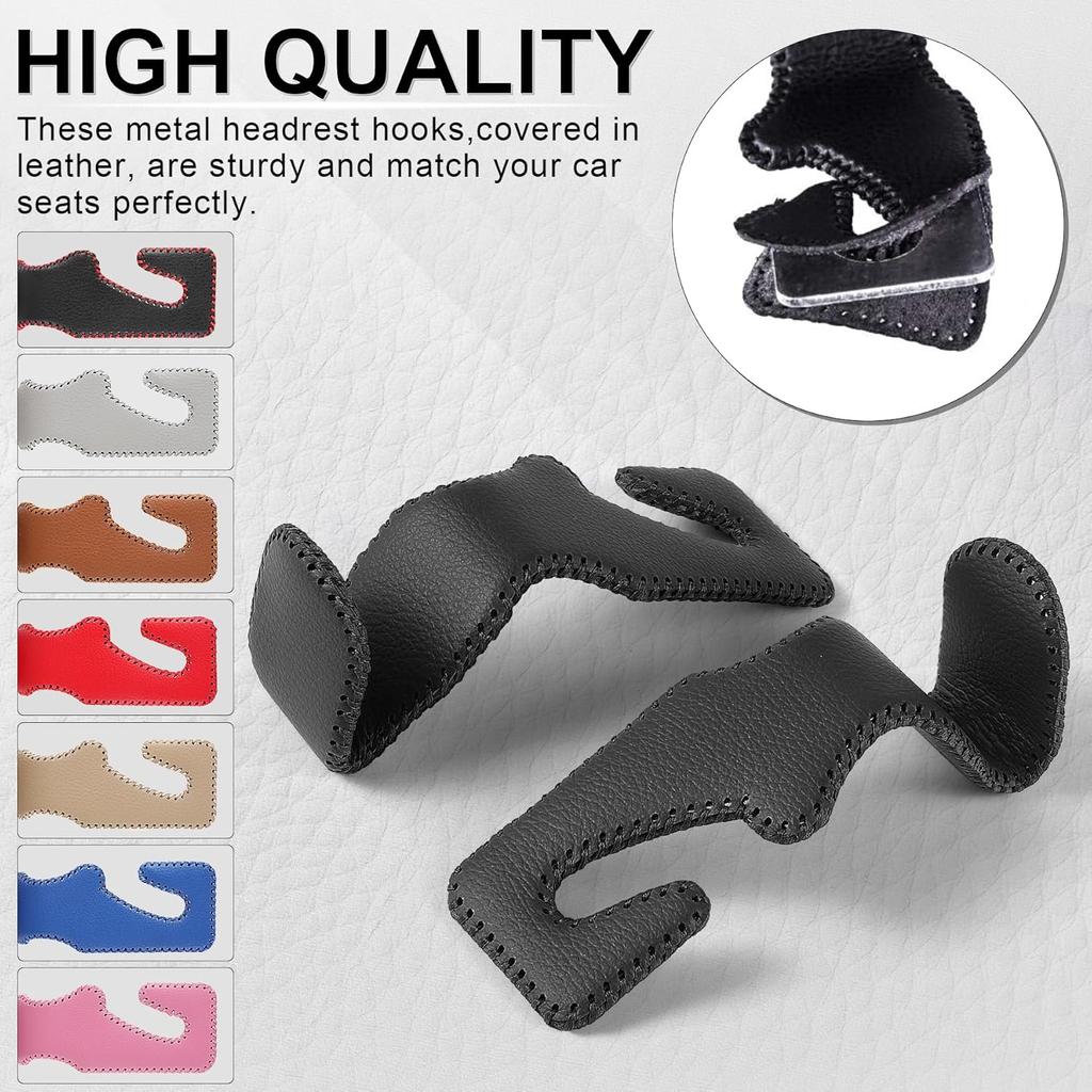 LivTee Black Superior Leather Car Seat Back Headrest Hook, Auto Seat Hook Hangers Interior Accessories For Purse Coats Umbrellas Grocery Bags
