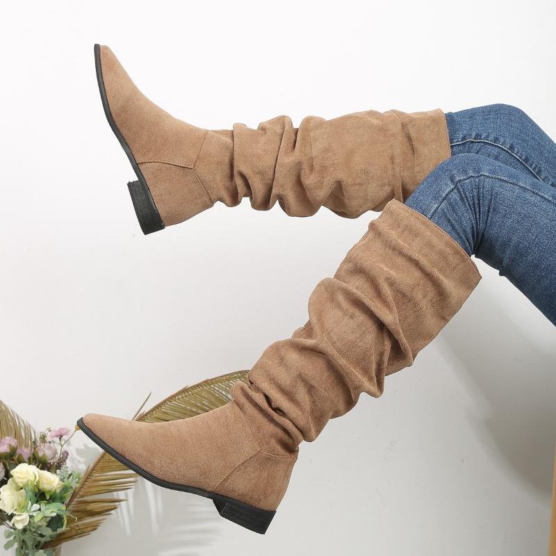 Fashion New Style Popular Pleated Boot Women Faux Suede Flock Knee High Boots Winter Women Fashion Slip On Square Low Heel Knight Boots