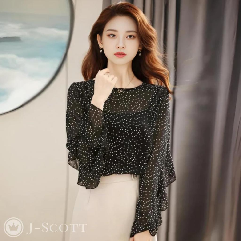 J-Scott Women's Polka Dot Chiffon Sheer Ruffle Blouse with Inner Cami, Long Sleeves, Round Neck, Black (JS139-BK-XL)