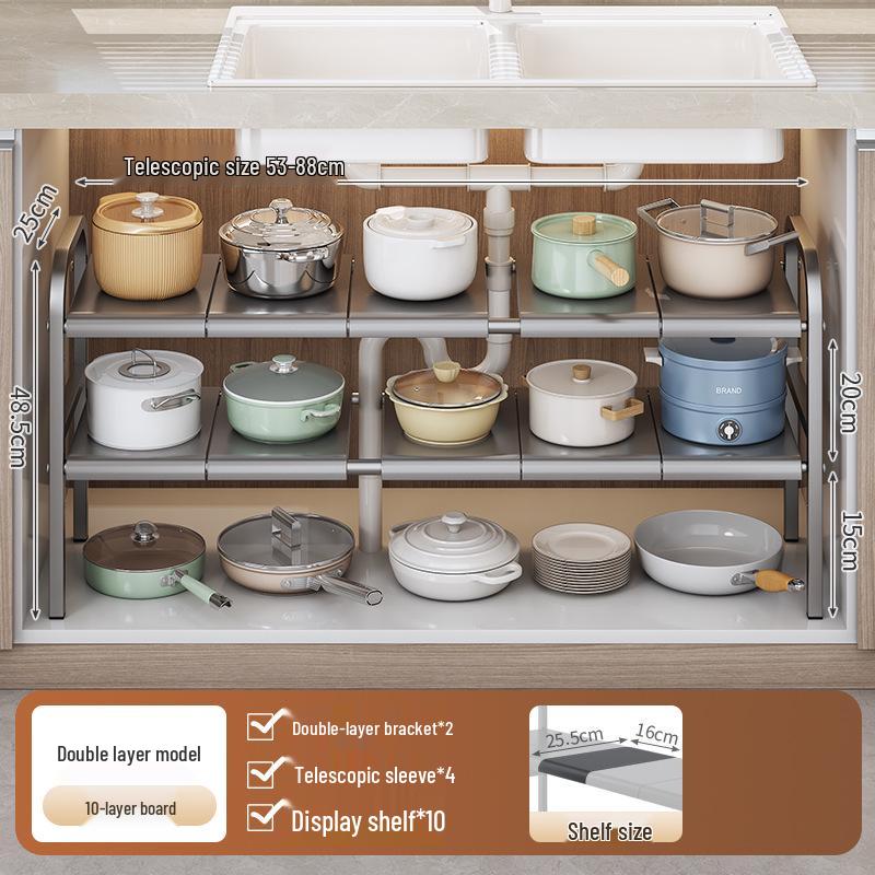 Retractable Under-Sink Tiered Shelf and Pot Storage Rack