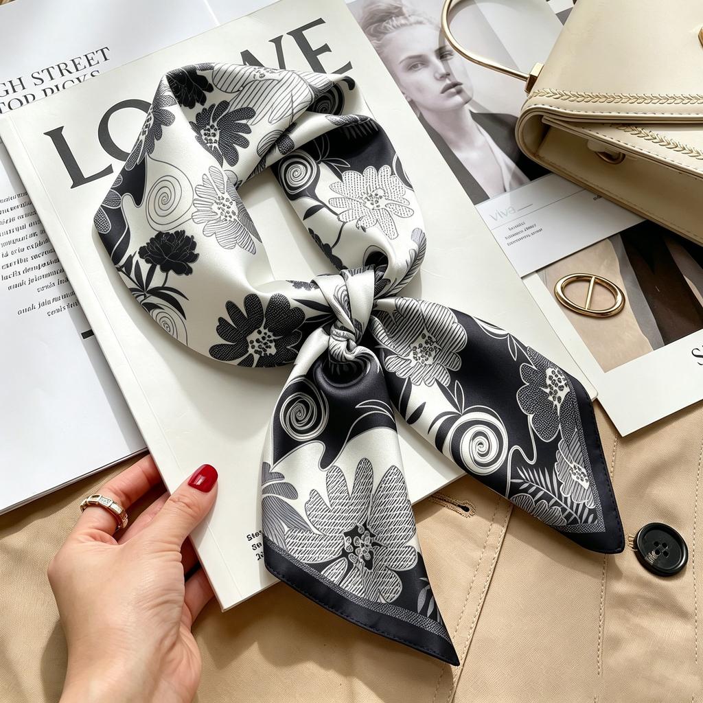 Commuter elegant flower silk scarf women's contrasting color retro printing satin scarf shirt with multi-purpose decorative small scarf
