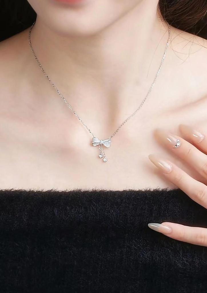 Exquisite S925 Sterling Silver Bow Tassel Pendant Clavicle Necklace for Women