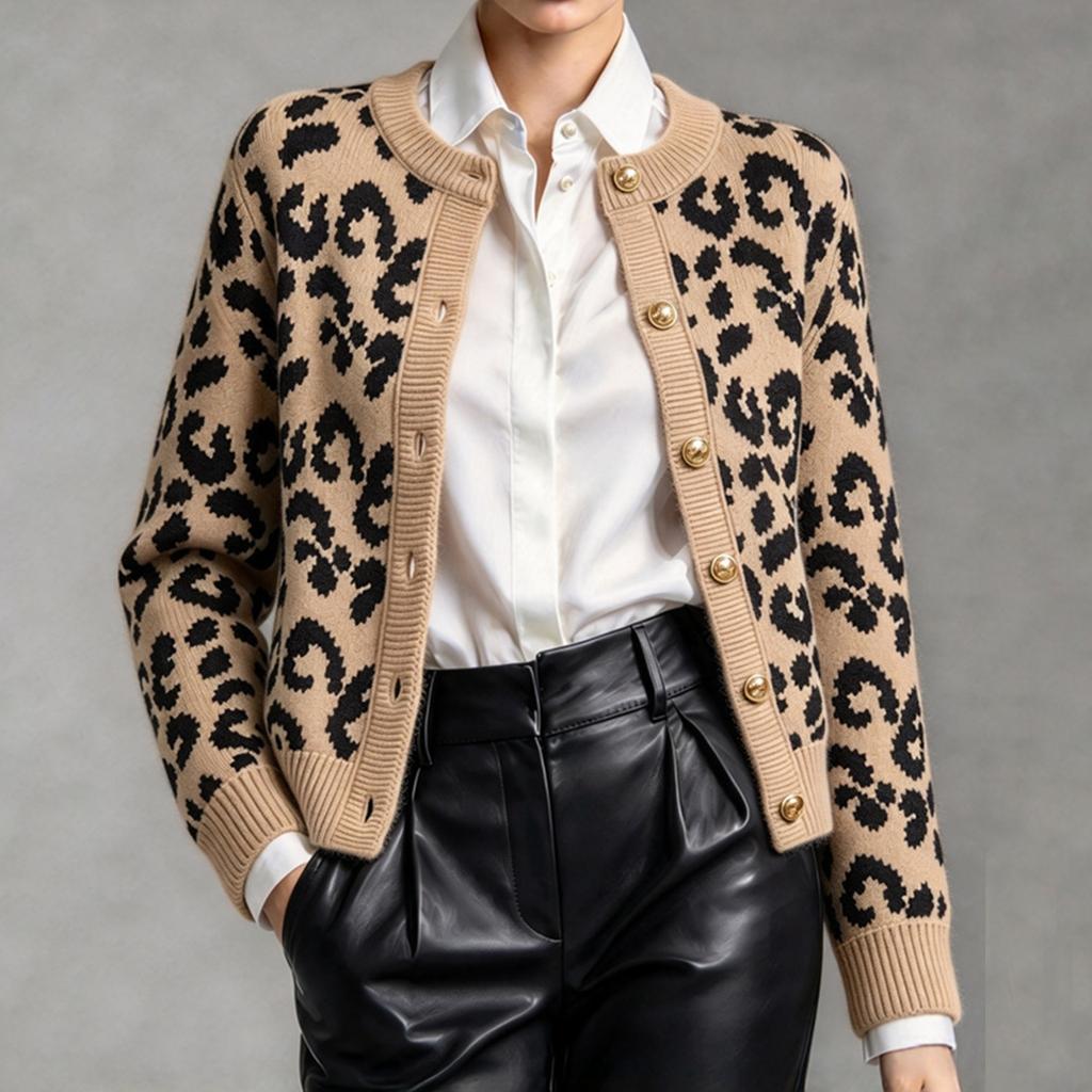Women's Leopard Print Knit Cardigan Long Sleeve Round Neck Trim Casual Outerwear