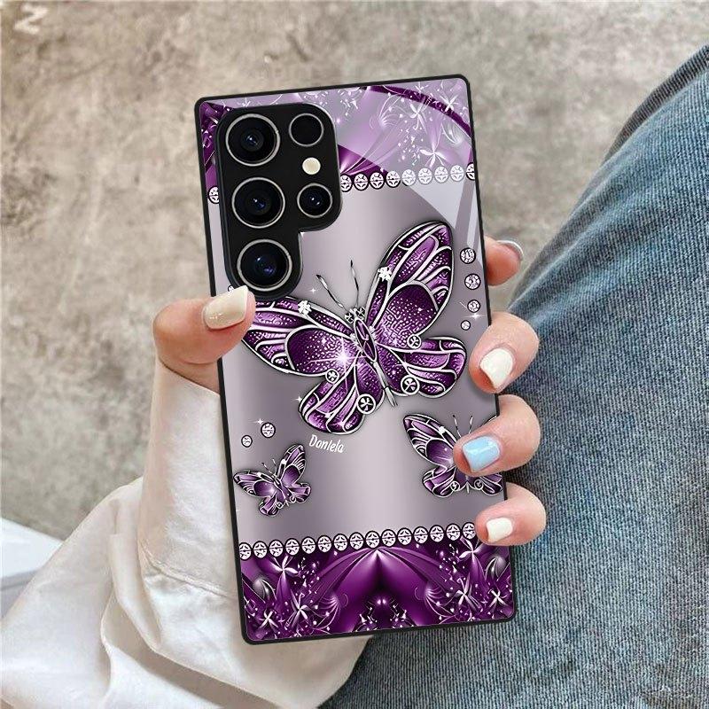 Purple Butterfly Print Pattern Glass Phone Case Suitable for Samsung Galaxy S26 S25 S24 S23 S22 S21 S20 FE/Ultra/Plus Anti Drop