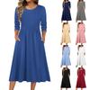 Rochie de damă cu mâneci 3/4, casual, fluidă, în A, midi, tip tricou, cu buzunare, cu gât rotund, pentru vacanță, boho, de plajă, de vară