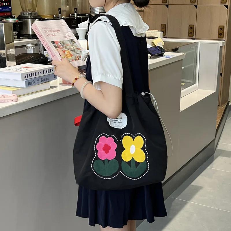 Cute Flower Women's Nylon Shoulder Bag Candy Color Female Portable Shopping Bags Large Capacity Commuter Ladies Tote Handbags