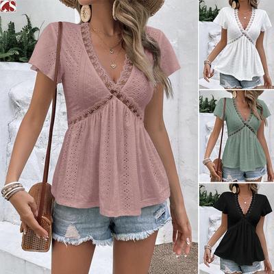 Women's New Summer Short-sleeved Jacquard T-shirt with Lace V-neck Top