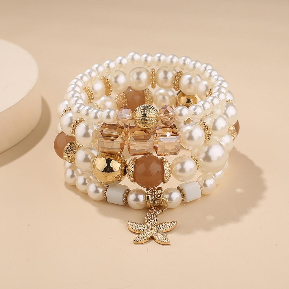Bohemian Pearl Beads Chain Bracelet Set For Women Tree of Life Starfish Charm Elastic Bangle Female Party Jewelry Accessories