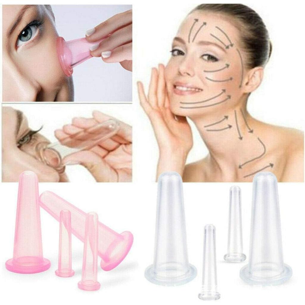 Juego de Ventosaterapia Facial de 4 Piezas para la Cara, Juego de Ventosas de Masaje Rosa, Mini Ventosas Faciales de Silicona, Ayudante Facial, Cuidado de la Piel, Taza de Masaje para Cuello, Espalda, Ojos