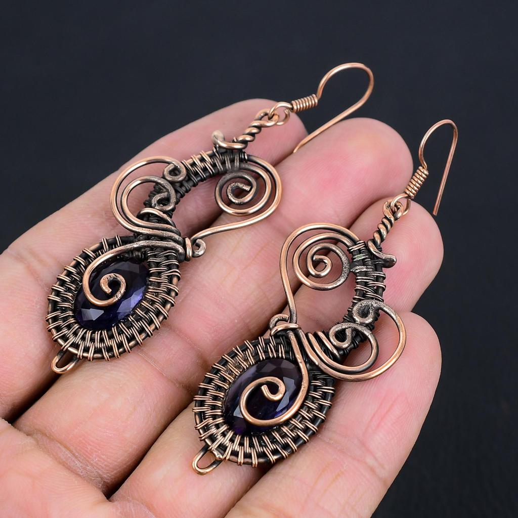 Amethyst Earrings Gemstone Jewelry, 999 Copper Wire Wrapped Earrings, Gift For Women Handmade Earrings