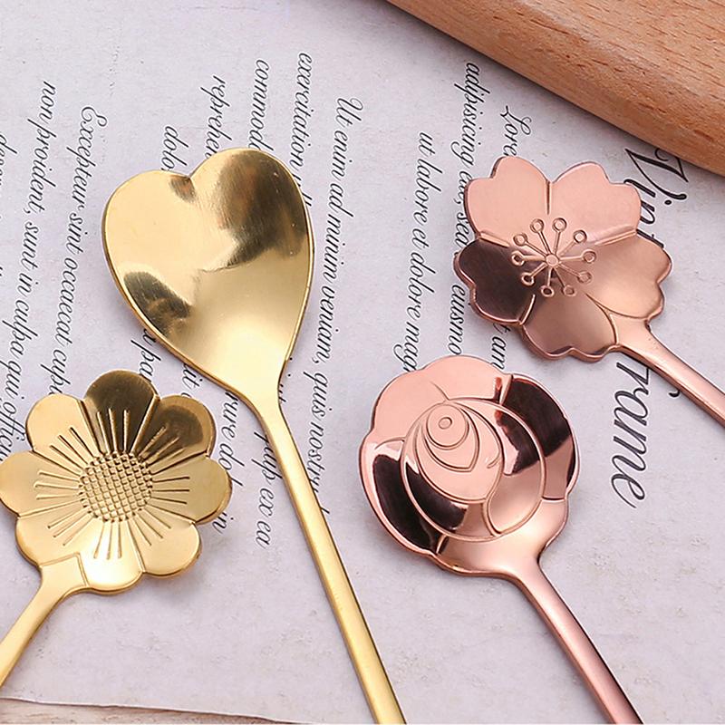 4Pcs/Set Mixing Spoons Small Flower Teaspoon Stainless Steel Coffee Spoon Cute Ice Cream Dessert Spoon Kitchen Accessories