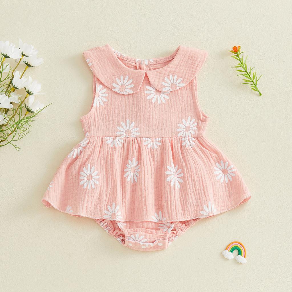 Infant Baby Girl Romper Dress Summer Doll Collar Sleeveless Daisy Flower Print Jumpsuit