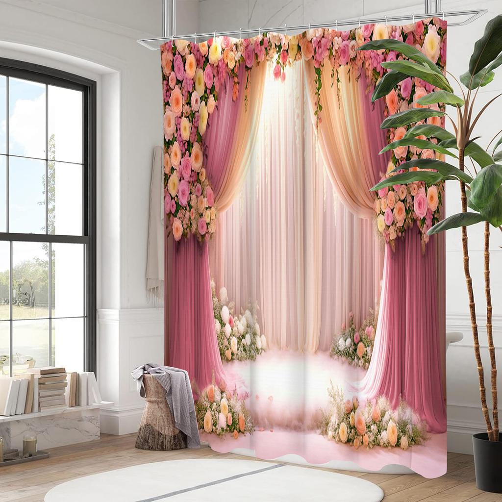 2D Gauze Curtain Printing Pink Shower Curtain, Bathroom Shower Waterproof Curtain with 12 Hooks, Home Decoration, Free Delivery