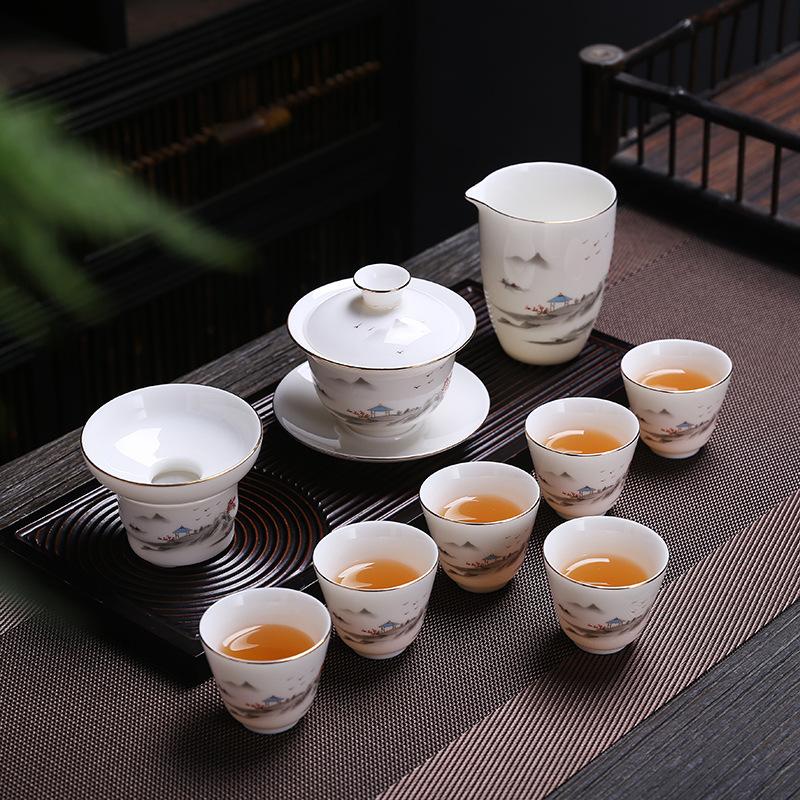 Ceramic suet jade porcelain kung fu tea set cover bowl teacup business company festival gifts