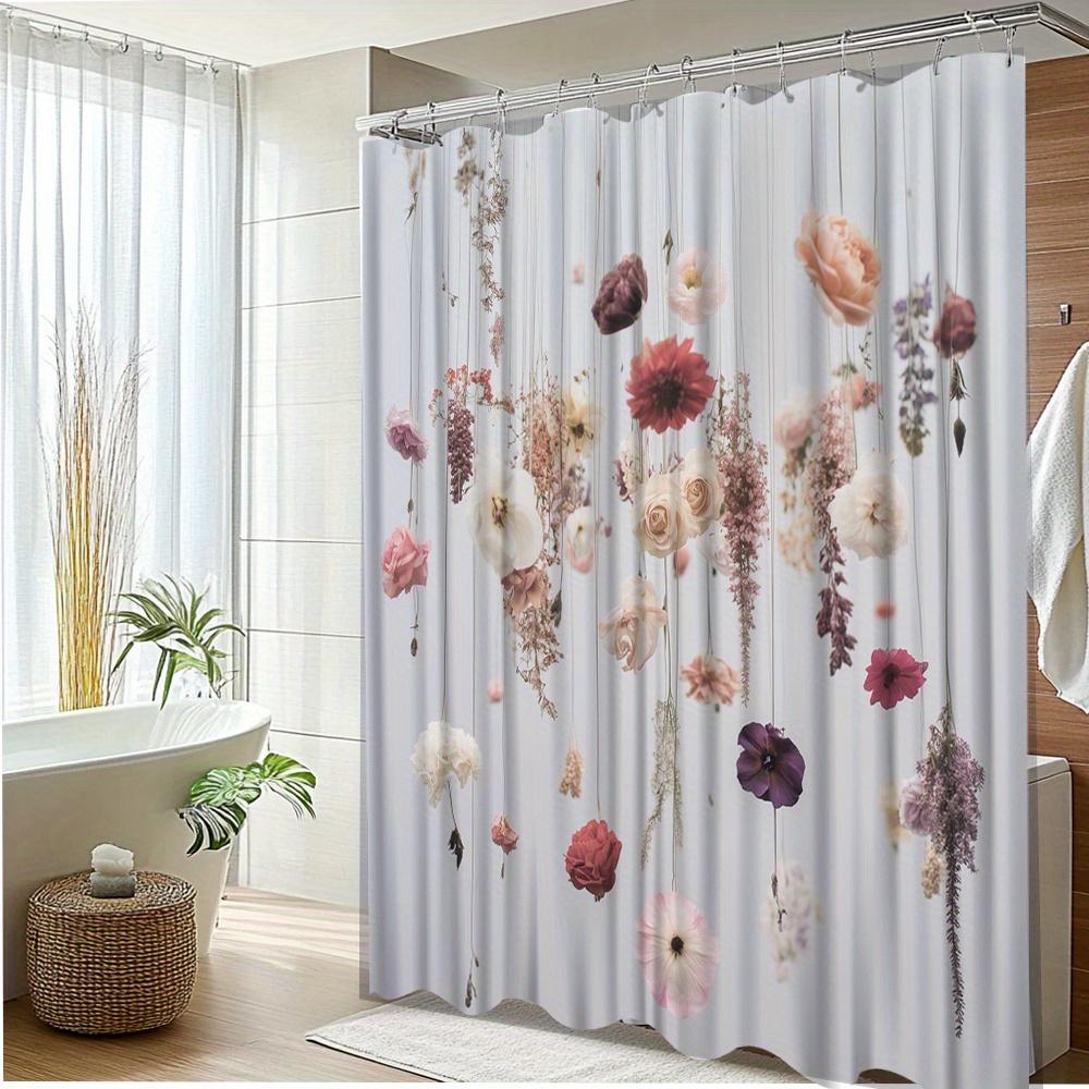 1Pc Floral Shower Curtain With Hanging Flowers Design - Polyester Fabric Bathroom Decor, 70.8X70.8 Inches, Includes 12 Hooks,