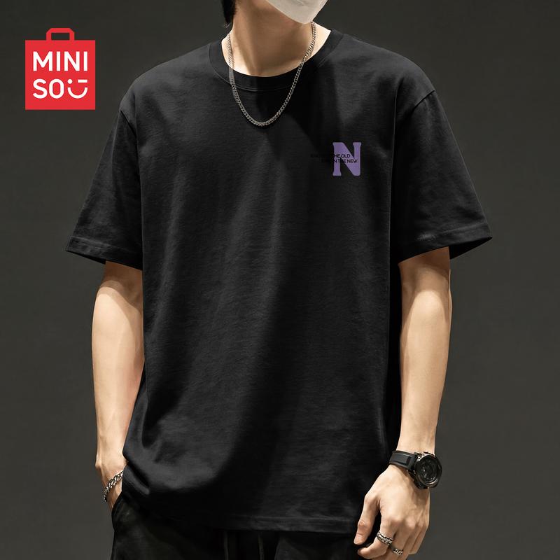 MINISO Men s Pure Cotton Loose-Fit Round-Neck T-Shirt 5XL чёрный