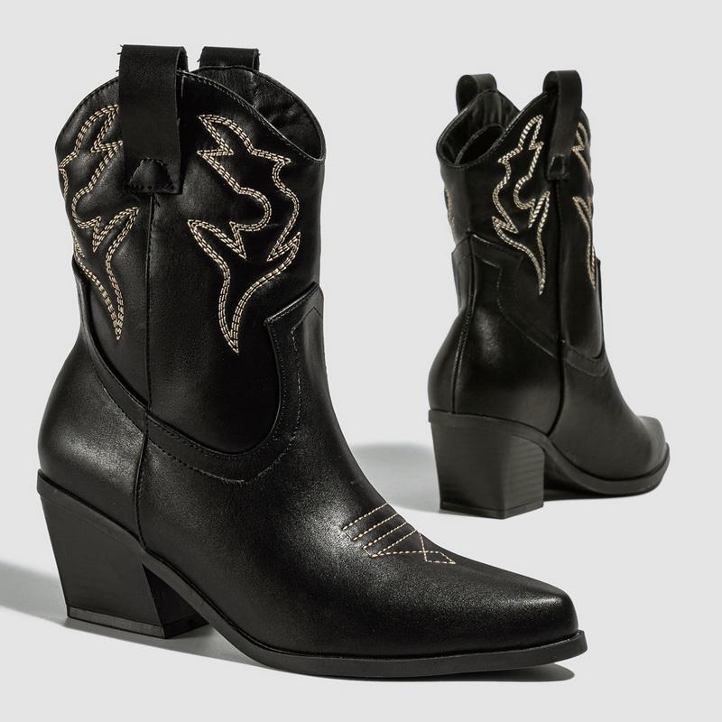 

Lady Embroidered Square Heel Short Boots Slip-on Straight Western Boots for Outdoor Office Nightclub Pub Party Banquet Gathering 42 чорний