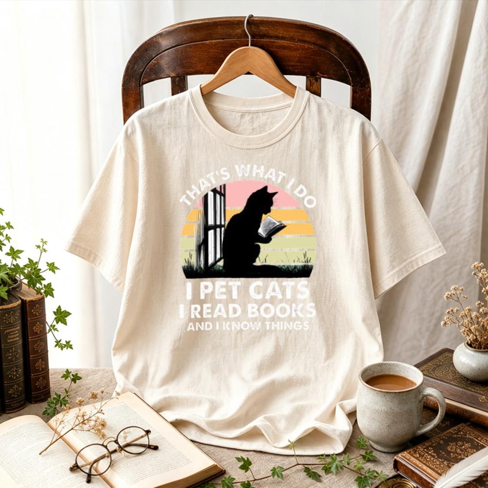 Thats What I Do Pet Cats Read Books and I Know Things TShirt Retro Sunset Reading Cat Silhouette Graphic Tee Bookworm Tops