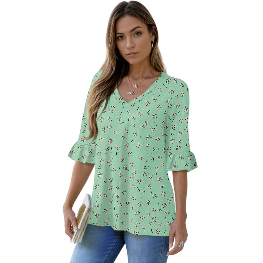 Women's Casual 3/4 Sleeve Tops V-Neck Sleeve T-Shirt Floral Print Tops