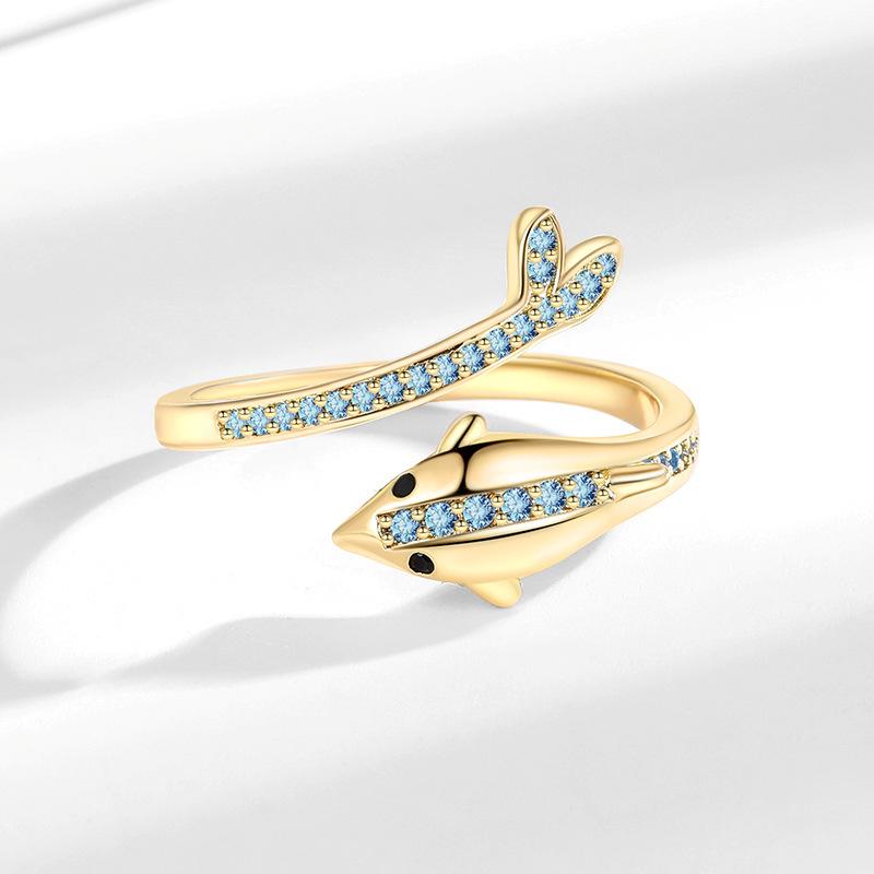 European & American Fashion Elegant Blue Dolphin Zircon Adjustable Ring for Women
