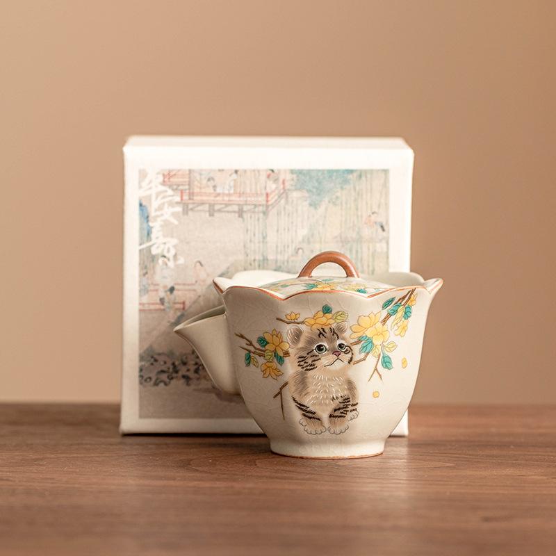 Hand Drawn Yellow Flower Cute Cat Ru Kiln Teapot Chinese High-end Kung Fu Tea Set Tea Making for Home Use Hand-held Teapot