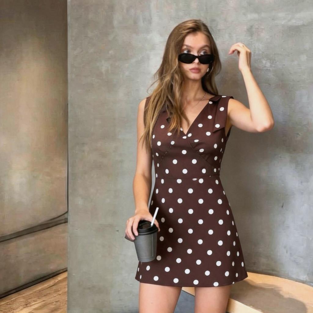 Abbigliamento da donna europeo e americano per le vacanze slim fit sexy scollo a V profondo pois vita alta fiocco vestito gonna corta