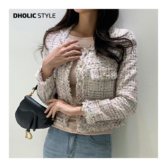 Fringe tweed jacket p139560 Women s [JK] Jacket Tweed Tweed jacket No collar No collar jacket Adult Luxury Pearl button Entrance ceremony School