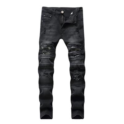 2024 Nieuwe Klassieke Zwarte Heren Geperforeerde Kleine Voeten Slim Fit Elastische Casual Jeans Motorbroek