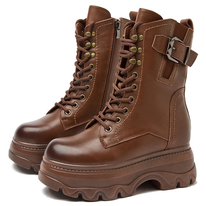 Fashion GKTINOO Retro Style Women High Heel Genuine Leather Mid-Calf Boots 2025 Autumn Winter Warm Platform Booties Zip Zapatos Mujer
