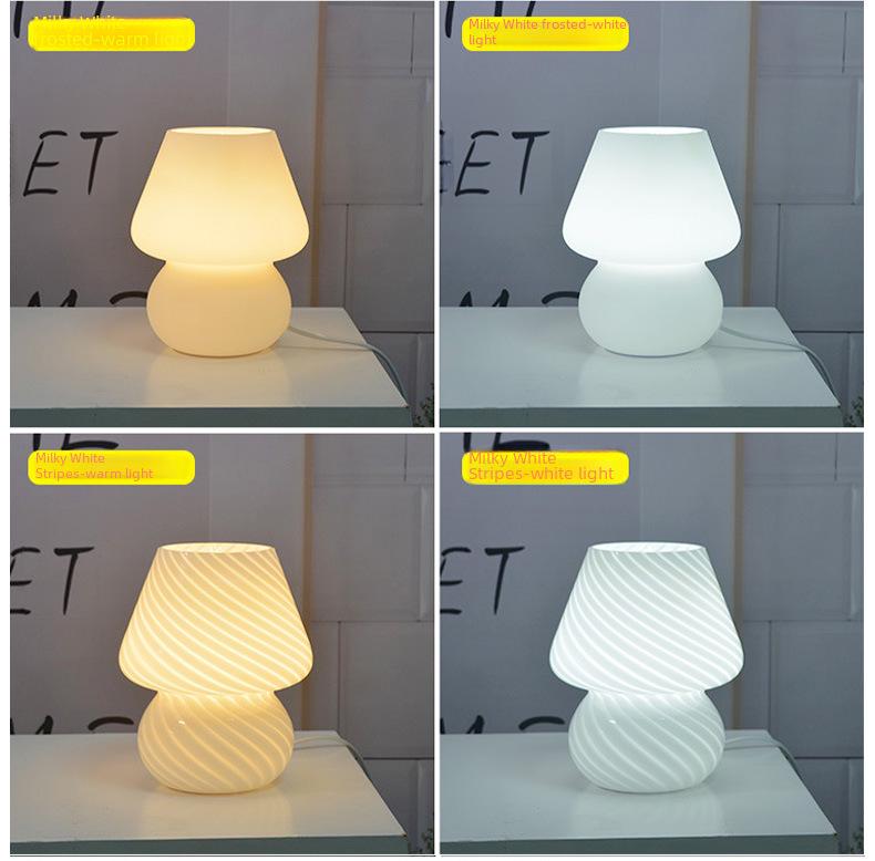 American Medieval Vintage Striped Glass Mushroom Table Lamp with USB - Retro Bedside Night Light
