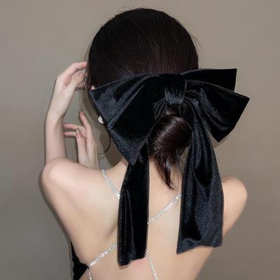 Retro Velvet Black Ribbon Large Bow Hairpin for Autumn & Winter Ponytail