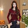 Red Contrasting Striped Long-sleeved Knitted Sweater Autumn New Slim-fitting and Thin Versatile Top