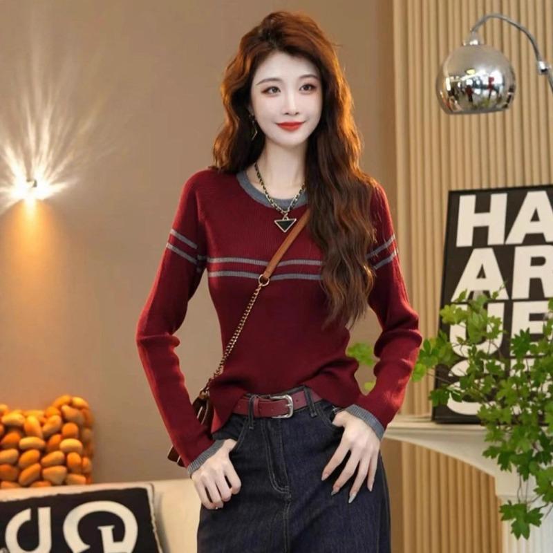 Red Contrasting Striped Long-sleeved Knitted Sweater Autumn New Slim-fitting and Thin Versatile Top